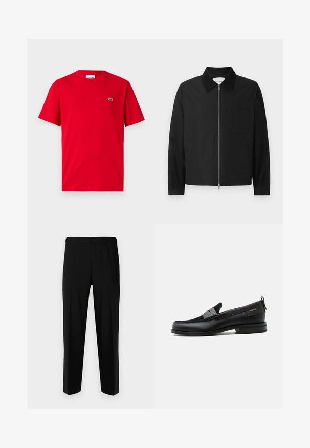 Schwarze Langarm-Jacke mit Reißverschluss und Kragen, einer Brusttasche und zwei Seitentaschen, auf einem weißen Hintergrund präsentiert.; Rotes Baumwoll-T-Shirt mit kurzen Ärmeln, Rundhalsausschnitt und kleinem grünen Krokodil-Logo auf der linken Brust. Glatte Textur, lässige Passform.; Schwarze Hosen aus glattem Stoff, mit geradem Schnitt, zwei vorderen Taschen und einem Reißverschluss mit Knopfverschluss.; Schwarzer Lederloafer mit grauem Riemendetail, niedrigem Absatz und strukturierter Sohle, seitlich mit „HUGO“ in Gold gebrandmarkt.