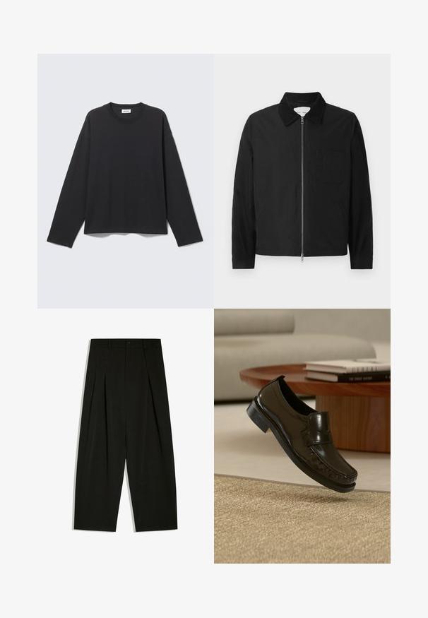 Zwarte lange mouwen ritsjack met kraag, een borstzak en twee zijzakken, weergegeven op een witte achtergrond.; Zwart shirt met lange mouwen en ronde hals, eenvoudige, losse pasvorm, plat gelegen op een lichtgrijze achtergrond.; Zwarte broek met wijde pijpen, plooien, riemlussen en knoopsluiting in de taille.; Zwarte leren instaploafer die zweeft boven een beige geweven vloerkleed met een houten salontafel en boeken op de achtergrond.