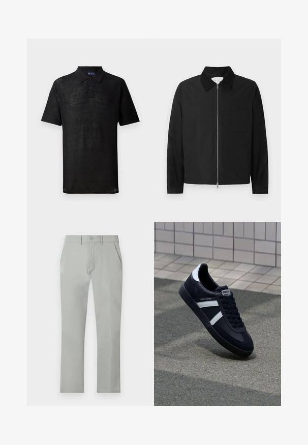 Chaqueta negra de manga larga con cremallera y collar, con un bolsillo en el pecho y dos bolsillos laterales, exhibida sobre un fondo blanco.; Camiseta polo negra hecha de un tejido de punto texturizado. Presenta mangas cortas, un cuello y una tapeta con tres botones. Diseño ligero, ajuste casual.; Pantalones gris claro con una textura suave, corte recto, bolsillos delanteros y cierre de un solo botón en la cintura.; Zapatilla de cuero negra con rayas blancas, suela de goma texturizada y parte frontal con cordones. Cuenta con una etiqueta de marca en la lengüeta.