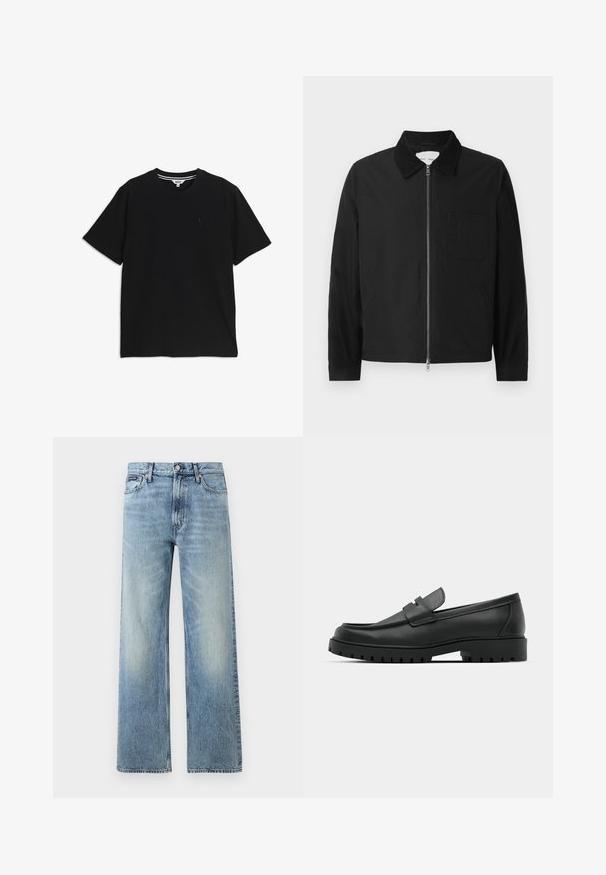 Veste zipée noire à manches longues avec col, une poche poitrine et deux poches latérales, présentée sur un fond blanc.; T-shirt noir à manches courtes et col rond, avec un petit logo brodé sur le côté gauche de la poitrine et une étiquette intérieure rayée au niveau du col.; Jean droit en denim bleu clair avec taille haute, cinq poches, fermeture à boutons et léger délavage sur les cuisses et les genoux.; Mocassins en cuir noir à bout arrondi, avec un design cousu, une semelle plateforme basse et une semelle en caoutchouc texturée et crantée.