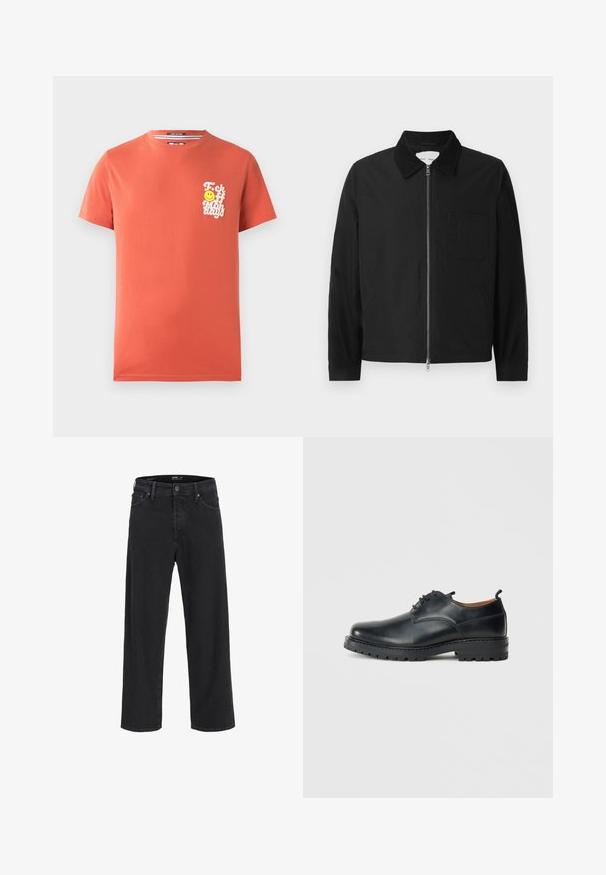 Schwarze Langarm-Jacke mit Reißverschluss und Kragen, einer Brusttasche und zwei Seitentaschen, auf einem weißen Hintergrund präsentiert.; T-Shirt mit kurzen Ärmeln aus korallenfarbener Baumwolle. Mit einem weißen Grafikdruck und einem Smiley im linken Brustbereich. Rundhalsausschnitt.; Schwarze gerade geschnittene Jeans aus Denim mit Knopf- und Reißverschluss, Gürtelschlaufen sowie Vorder- und Gesäßtaschen.; Schwarze Leder Derby-Schuhe mit glatter Textur, runder Zehenform, Schnürdesign und einer dicken, robusten Gummisohle.