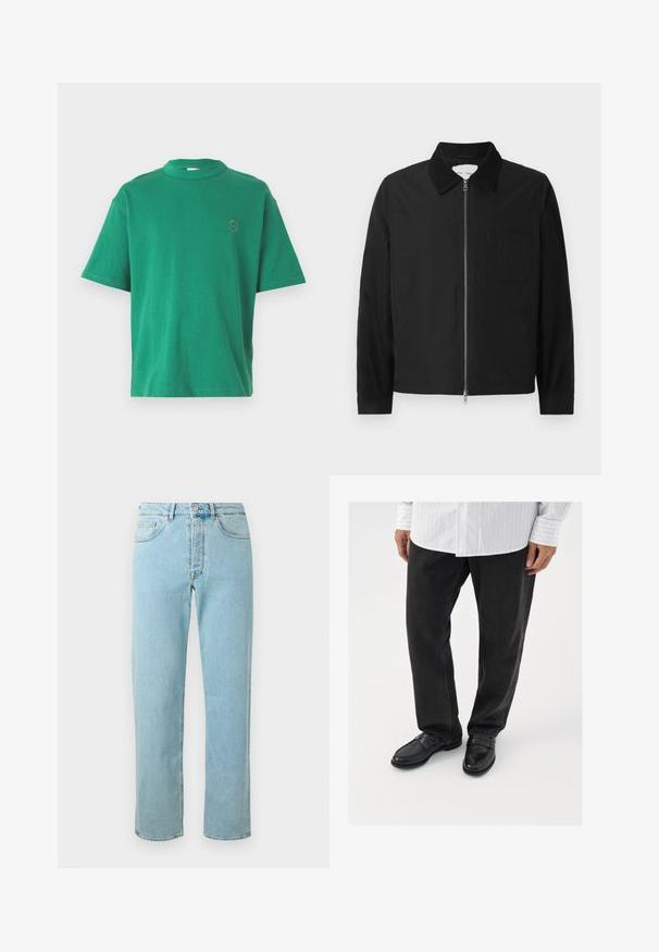 Veste zipée noire à manches longues avec col, une poche poitrine et deux poches latérales, présentée sur un fond blanc.; T-shirt en coton vert avec un col rond, des manches courtes et une lettre "S" brodée sur la poitrine gauche. Texture douce, coupe décontractée.; Jean en denim bleu clair avec une coupe droite, comportant cinq poches, un zip et un léger délavage sur l'ensemble du tissu.; Pantalons en denim noir associés à des mocassins noirs brillants. La chemise est blanche avec de fines rayures verticales, avec des manches longues et un col boutonné.