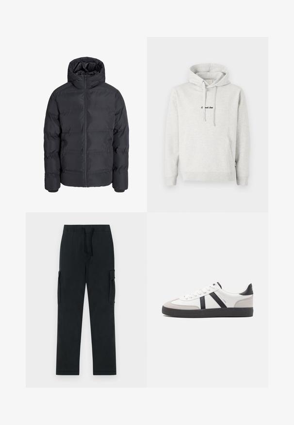 Chaqueta de invierno acolchada negra con capucha, cremallera frontal y dos bolsillos laterales, mostrada sobre un fondo liso gris claro.; Sudadera gris claro con un bolsillo tipo canguro, capucha con cordón y texto bordado en negro en la parte delantera. Tejido de mezcla de algodón, puños acanalados.; Pantalones cargo negros con cintura elástica, cordón ajustable y bolsillos laterales. Fabricados con una tela suave y duradera; diseño de pierna recta.; Zapatilla blanca con acentos en negro y gris, que presenta una puntera texturizada en gris, suela de goma negra y cordones planos blancos. Diseño limpio, estilo minimalista.