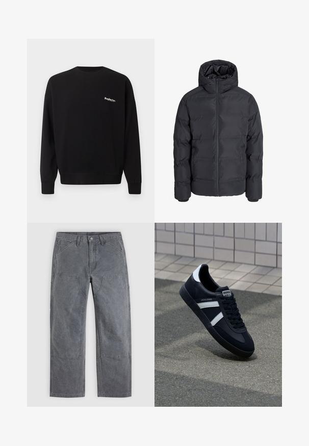 Chaqueta de invierno acolchada negra con capucha, cremallera frontal y dos bolsillos laterales, mostrada sobre un fondo liso gris claro.; Replay Inc. Sudadera - black; Pantalones grises de pierna recta con refuerzos en las rodillas, bolsillos delanteros y trabillas para cinturón, mostrados extendidos sobre un fondo liso.; Zapatilla de cuero negra con rayas blancas, suela de goma texturizada y parte frontal con cordones. Cuenta con una etiqueta de marca en la lengüeta.