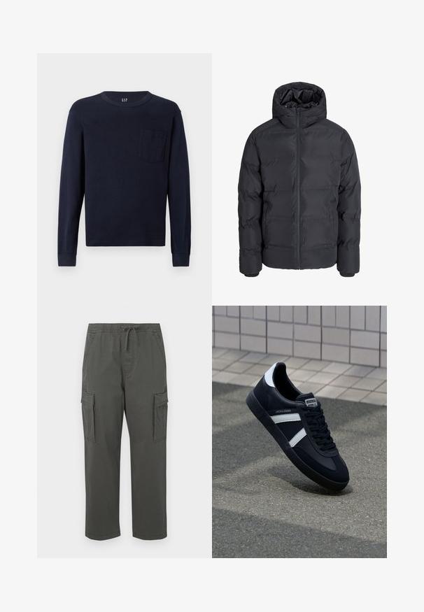 Chaqueta de invierno acolchada negra con capucha, cremallera frontal y dos bolsillos laterales, mostrada sobre un fondo liso gris claro.; Camiseta de manga larga color marino, hecha de algodón, con un escote redondeado y un pequeño bolsillo en el pecho del lado izquierdo. Textura suave.; Pantalones cargo de color gris oscuro con cintura elástica, cordón ajustable, bolsillos laterales con solapa y corte recto.; Zapatilla de cuero negra con rayas blancas, suela de goma texturizada y parte frontal con cordones. Cuenta con una etiqueta de marca en la lengüeta.