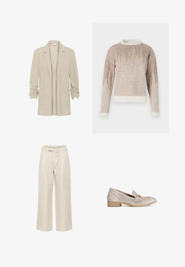 Lysebeige blazer med åben front, rynkede lange ærmer og to påsyede lommer foran, skræddersyet krave og uden knapper.; Langærmet brun og creme strikket sweater med lodrette striber og et bølge-agtigt mønster, med rund halsudskæring og ribbede manchetter og kant.; Beige linned brede bukser med elastisk talje og frontfolder, i en glat tekstur og ankellængde.; Lys grå ruskindsloafer med en lille blokhæl, der har en dekorativ sløjfe og hardware i guldfarve. Glat tekstur og minimal syning.