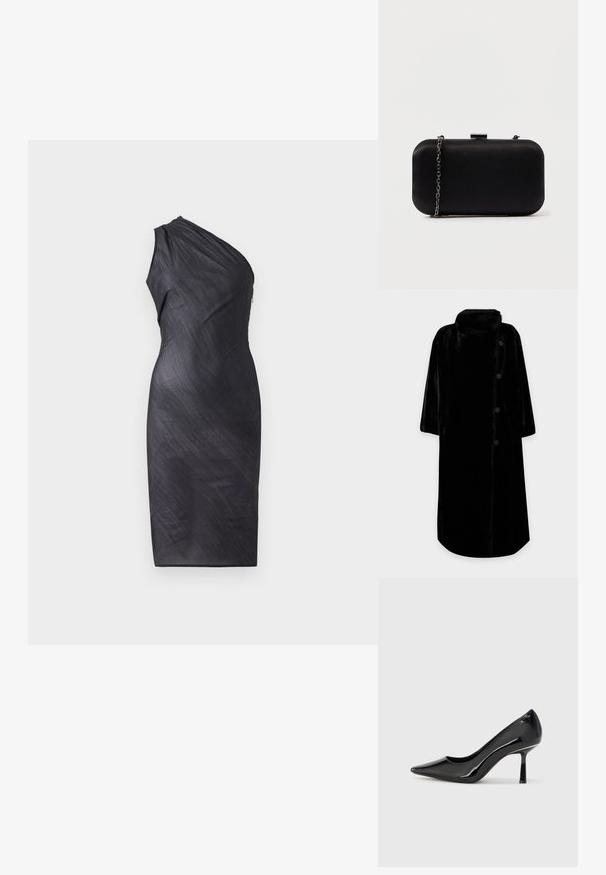Black long faux fur coat with high collar and four side buttons, displayed against a plain light background.; Asymmetrical black dress with one shoulder, draped texture, knee-length, fitted silhouette, and back zip closure.; Black patent leather high-heeled pump with a pointed toe, sleek design, and a slim stiletto heel, featuring a smooth, shiny texture.; Black rectangular clutch made of smooth material. Features a detachable chain strap and a metallic clasp on top. Simple design with rounded edges.