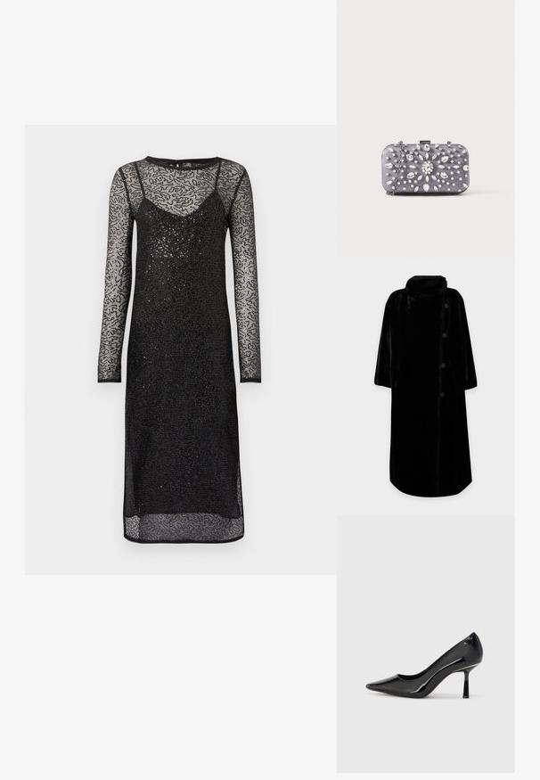 Schwarzer langer Kunstpelzmantel mit hohem Kragen und vier seitlichen Knöpfen, vor einfachem hellem Hintergrund präsentiert.; Schwarzes langärmeliges Kleid mit einer anliegenden Innenschicht und transparentem Spitzenüberzug. Verfügt über ein strukturiertes Muster und einen dezenten Glanz.; Schwarze Lackleder-Pumps mit hohem Absatz, spitzem Zehenbereich, eleganter Form und schlankem Stiletto-Absatz, mit einer glatten, glänzenden Oberfläche.; Kleine rechteckige dunkelgraue Clutch, verziert mit klaren Strasssteinen in einem strahlenförmigen Muster und einem silbernen Kettenriemen.