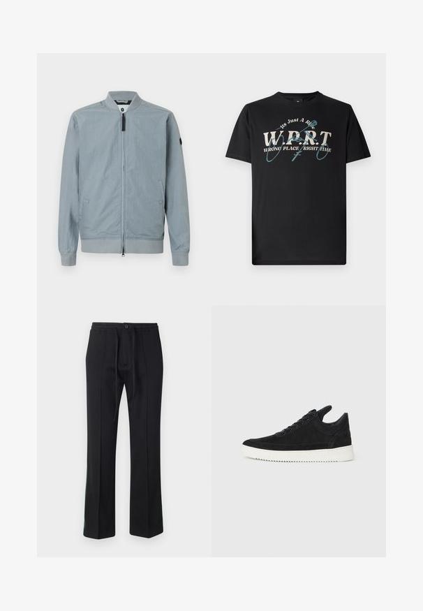 Helle graue Bomberjacke, mit Reißverschluss, geripptem Kragen und Ärmeln, seitlichen Taschen, minimalistischem Design und einem kleinen Akzent-Logo auf dem Ärmel.; Schwarzes Baumwoll-T-Shirt mit weißen und türkisfarbenen grafischen Text, der "W.P.R.T. WRONG PLACE RIGHT TIME" lautet, mit rundem Hals und kurzen Ärmeln.; Schwarze Jogginghose mit einem Kordelzugbund, flacher Vorderseite und geraden Beinen. Mit grünen Akzenten entlang der Seitennähte. Weiche Stoffbeschaffenheit.; Schwarze Wildleder-Sneaker mit einer weißen Gummisohle, die sich durch elegante Nähte und ein schnürbares Design auszeichnen. Glatte Textur mit einer modernen, stromlinienförmigen Form.