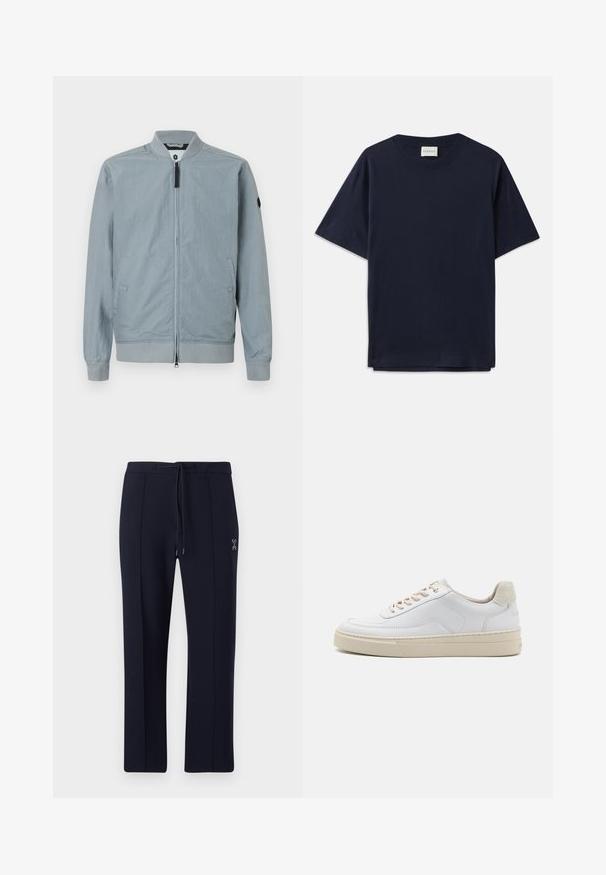 Lys grå bomberjakke, lynlås lukning, ribbet krave og manchetter, sidelommer, minimalistisk design med et lille accentlogo på ærmet.; Mørkeblå bomulds T-shirt med korte ærmer, rund halsudskæring og en afslappet pasform. Etiketten siger "CLOSED" ved halsudskæringen. Glat tekstur.; Marinebukser med afslappet pasform, der har snøre i taljen og sidelommer. Glat stof med diskrete frontfolder og logo-detalje.; Hvide sneakers med en glat læderoverdel, beige snørebånd og en tekstureret beige ruskindsheel-tab. Hævet sål for ekstra højde.