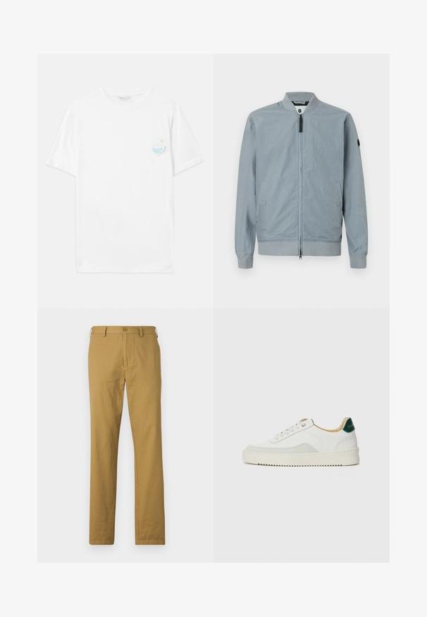 Veste bomber grise clair, fermeture éclaire, col et poignets côtelés, poches latérales, design minimaliste avec un petit logo en accent sur la manche.; T-shirt en coton blanc à manches courtes, avec un petit imprimé graphique multicolore sur le côté gauche de la poitrine représentant des vagues et le texte "Sorti du plastique".; Pantalon en coton beige à coupe droite, avec poches avant et fermeture à bouton. Texture lisse et design minimal, sans motifs visibles.; Baskets blanches avec des accents en daim, bout arrondi, lacets plats et semelle en caoutchouc crème. Présente une marque verte sur le talon.