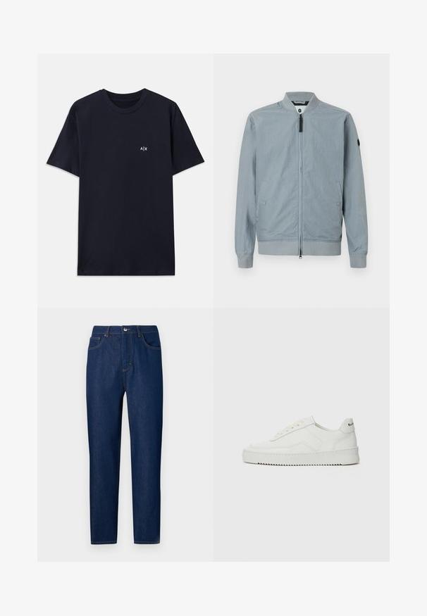 Lys grå bomberjakke, lynlås lukning, ribbet krave og manchetter, sidelommer, minimalistisk design med et lille accentlogo på ærmet.; Mørkeblå bomulds T-shirt med korte ærmer og rund halsudskæring. Har et lille hvidt "A|X" logo på venstre brystområde.; Les Benjamins Jeans Straight Leg - rinse wash; Hvide lædersneakers med en glat overflade, rund tå, flade snørebånd og en tekstureret sål. Har et diskret logo på hælen.