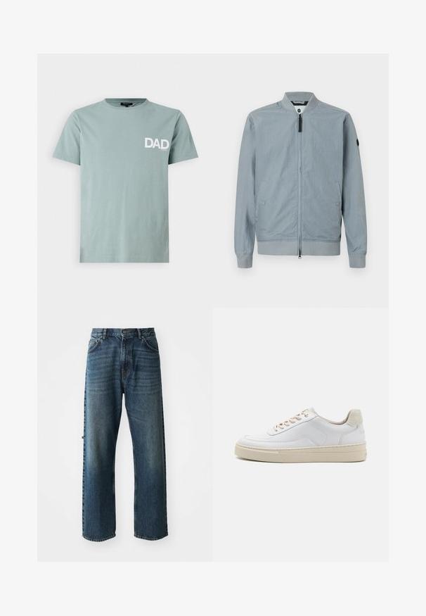 Helle graue Bomberjacke, mit Reißverschluss, geripptem Kragen und Ärmeln, seitlichen Taschen, minimalistischem Design und einem kleinen Akzent-Logo auf dem Ärmel.; Helles grünes T-Shirt aus Baumwolle mit Rundhalsausschnitt und einem weißen "DAD"-Logo auf der linken Brust. Kurze Ärmel, normale Passform.; NN.07 OTIS - Jeans Straight Leg - stonewashed; Weiße Sneaker mit einem glatten Lederobermaterial, beigen Schnürsenkeln und einer strukturierten, beigen Wildleder-Fersenschlaufe. Erhöhte Sohle für zusätzlichen Komfort.