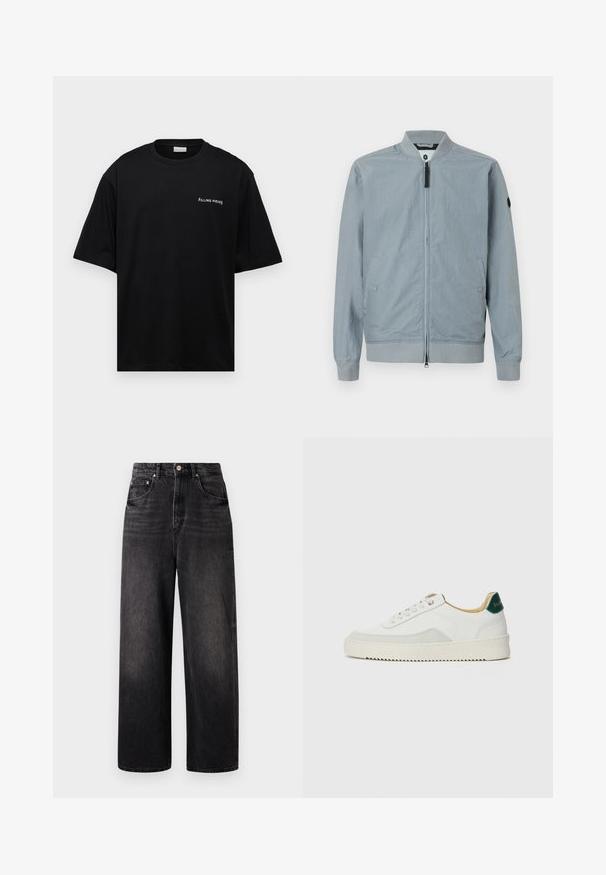 Lys grå bomberjakke, lynlås lukning, ribbet krave og manchetter, sidelommer, minimalistisk design med et lille accentlogo på ærmet.; Sort bomulds t-shirt med en afslappet pasform, korte ærmer og et hvidt "FILLING PIECES" logo på venstre bryst. Glat tekstur.; Sorte denim jeans med løstsiddende pasform, høj talje, fem lommer og synlig knaplukning. Har diskret falmning og lige ben design.; Hvide sneakers med ruskindsdetaljer, rund tå, flade snørebånd og en cremet gummisål. Har grøn branding på hælen.
