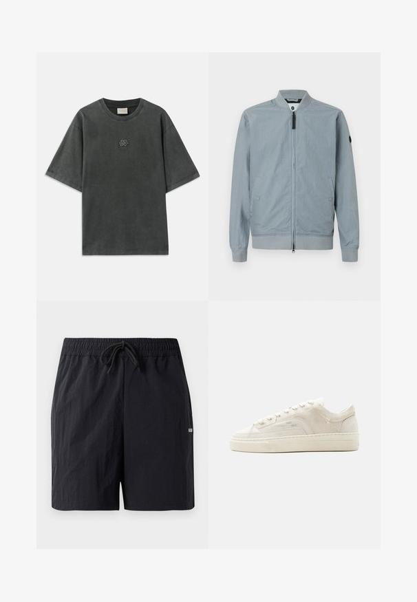 Vaaleanharmaa bomber-tyylinen takki, vetoketjukiinnitys, ribbikolka ja -hiharesorit, sivutaskut, minimalistinen muotoilu ja pieni tunnuslogo hihassa.; Tummanharmaa oversize-mallinen lyhythihainen t-paita, jossa pyöreä pääntie ja rintakehän keskellä pieni kirjailtu solmusomiste.; Mustat uimapuvut, jotka on valmistettu teksturoidusta kankaasta, varustettu elastisella vyötärönauhalla, jossa on nauha ja pieni logo sivulla.; Valkoinen matalan varren urheilukenkä, jossa nauhoitus, teksturoidusta kankaasta tehty päällinen ja paksu kumipohja, kuvattuna ulkopuolelta yksivärisellä taustalla.