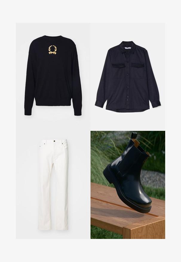 Chemise à manches longues bleu marine avec un devant à boutons, deux poches poitrine et un col. Fabriquée en tissu texturé avec une coupe décontractée.; Un pull noir en tissu doux, avec un motif de laurier brodé en or sur la poitrine et des poignets et un ourlet côtelés.; Jean en denim blanc avec une coupe droite, dotés de cinq poches, fermeture par bouton métallique et détails de couture minimalistes.; Bottines Chelsea en cuir noir avec finition lisse, panneaux latéraux élastiques, bout arrondi et semelle en caoutchouc épaisse, positionnées au-dessus d'une surface en bois.
