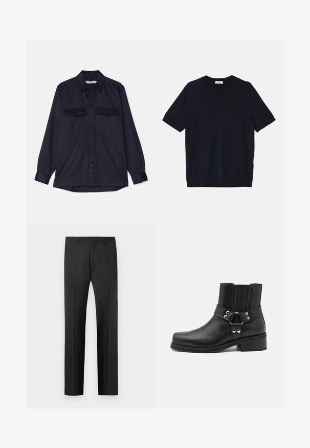 Mørkeblå skjorte med lange ærmer, knaplukning foran, to brystlommer og krave. Lavet af struktureret stof med en afslappet pasform.; sandro PABLO TEE - T-shirts basic - noir; Sorte skræddersyede bukser med bæltestropper og en forreste presning, vist mod en lys grå baggrund.; The Kooples CHAUSSURES - Cowboy- / bikerstøvlette - black