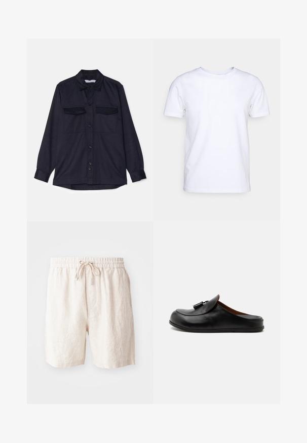 Chemise à manches longues bleu marine avec un devant à boutons, deux poches poitrine et un col. Fabriquée en tissu texturé avec une coupe décontractée.; T-shirt blanc à manches courtes en tissu de coton avec un col rond. Design simple sans motifs ni accents. Texture lisse.; Shorts en lin beige avec une taille élastique, cordon de serrage ajustable et poches latérales. Texture douce avec une coupe décontractée.; Mocassin noir en cuir sans contrefort avec des glands sur le dessus, affiché de côté sur un fond clair uni.