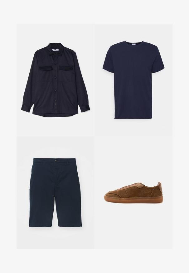Chemise à manches longues bleu marine avec un devant à boutons, deux poches poitrine et un col. Fabriquée en tissu texturé avec une coupe décontractée.; T-shirt bleu marine à manches courtes fabriqué en tissu doux. Présente un col rond et une coupe droite sans motifs ni accents.; Shorts bleu marine en coton avec une taille plate, une fermeture à bouton et des poches latérales. Longueur genou avec une texture lisse et des coutures nettes.; Baskets basses en daim marron avec lacets assortis et semelle en gomme, vues de côté sur un fond uni.