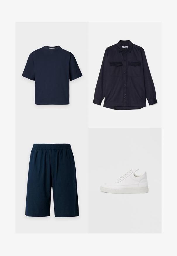Navyblauwe longsleeve shirt met een knoopsluiting aan de voorkant, twee borstzakken en een kraag. Gemaakt van textuurstof met een relaxed fit.; Marineblauw korte mouwen t-shirt met een V-hals, gemaakt van zacht materiaal, met een ontspannen pasvorm en minimalistisch ontwerp, zonder zichtbare patronen of hardware.; Marineblauwe shorts van lichtgewicht stof, met een elastische tailleband en een ontspannen pasvorm, voorzien van twee zijzakken.; Witte leren sneaker met een afgeronde neus, platte zool en veters aan de voorkant. Voorzien van stikseldetails en een gevoerde kraag voor comfort.