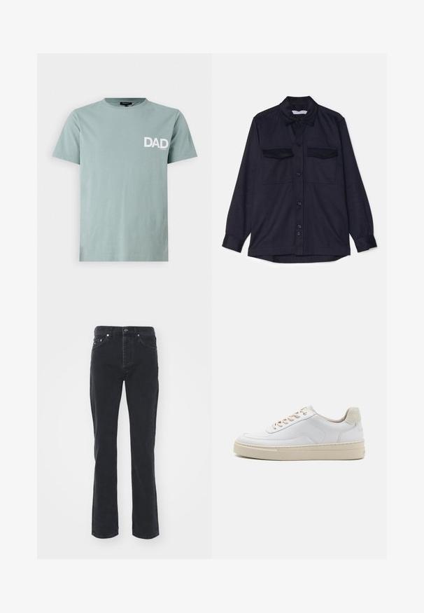 Navyblauwe longsleeve shirt met een knoopsluiting aan de voorkant, twee borstzakken en een kraag. Gemaakt van textuurstof met een relaxed fit.; Lichtgroene T-shirt van katoen, met een ronde hals en een witte "DAD" logo op de linkerborst. Korte mouwen, normale pasvorm.; Zwarte denim jeans met een rechte pijpdesign, voorzien van vijf zakken en een knoopsluiting. De stof heeft een subtiele textuur en stevige afwerking.; Witte sneaker met een gevoerd leren bovenwerk, beige veters en een gestructureerde beige suede hieltab. Verhoogde zool voor extra hoogte.