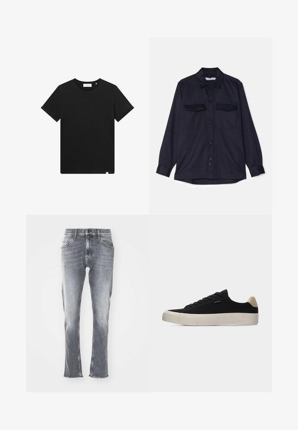 Navyblauwe longsleeve shirt met een knoopsluiting aan de voorkant, twee borstzakken en een kraag. Gemaakt van textuurstof met een relaxed fit.; Zwarte T-shirt met korte mouwen van katoen, met een ronde hals en een klein logo geborduurd op de borst. Soepele textuur, normale pasvorm.; Grijze denim jeans met een slim fit, rafelige zoom en vijf zakken. Voorzien van een klassieke knoop- en ritssluiting. Zachte textuur met een vervaagde wassing.; Zwarte lage sneaker met beige hielstuk, dikke witte rubberen zool, zwarte veters en een klein "PS Paul Smith" label aan de zijkant.