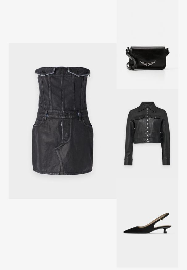 Sort kort læderjakke med sølv trykknaplukning, spids krave og brystlommer med klap.; Sort denimkjole med tætsiddende liv, off-the-shoulder design, forlommer og kontraststing. Glat tekstur med en let glans.; Sort, spids slingback-sko med lav kitten-hæl og guldfarvet spænderem, vist i profil på ensfarvet lyst baggrund.; Sorte læder crossover taske med klapdesign, der har sølvvinge detaljer og en struktureret overflade. Justerbar rem inkluderet.