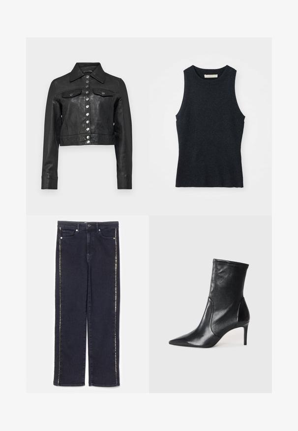 Zwarte korte leren jas met zilveren drukknoopsluiting, puntige kraag en borstzakken met klep.; Mouwloze donkergrijze gebreide tanktop met ronde hals, plat gelegd op een witte achtergrond.; Donkerdenim jeans met een rechte pijpdesign en een rij metalen studs langs de zijnaden, wat een onderscheidende accent geeft.; Zwarte enkelboots van soepel leer, met een spitse neus, een aangesloten schacht en een slanke hoge hak. Minimalistisch ontwerp zonder zichtbare hardware.