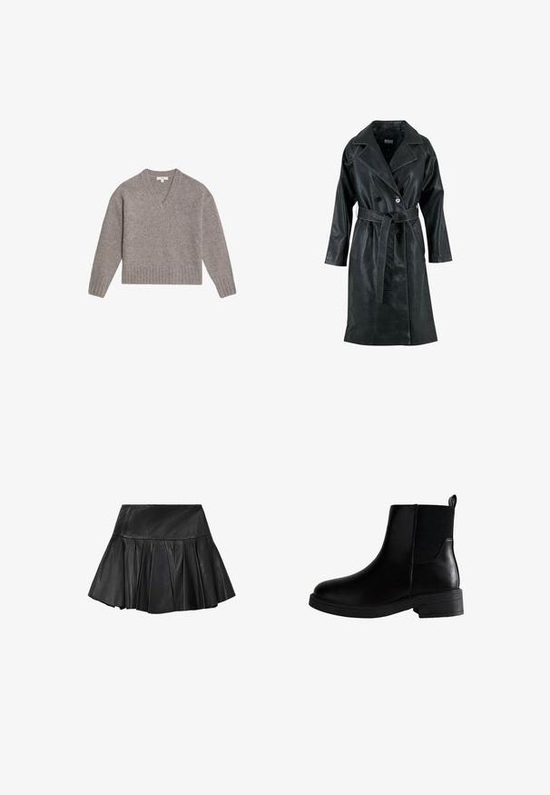 Manteau trench en simili cuir noir avec un design croisé, col à revers, manches longues, poches latérales et une ceinture nouée à la taille.; Pull à col en V gris clair, fabriqué en mélange de laine douce. Il présente des manches longues et des bords côtelés au niveau des poignets et de l'ourlet, avec une coupe décontractée.; Mini-jupe en cuir noir plissé avec une large ceinture, une silhouette évasée et une texture lisse.; Bottine noire en cuir avec des panneaux latéraux élastiques, bout arrondi et petit talon carré. Texture lisse avec une languette pour faciliter l'enfilage.