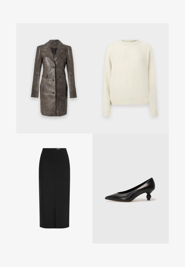 Veste en cuir marron avec un col pointu, fermeture à un bouton, poches latérales et texture lisse. Coupe ajustée avec des manches longues.; Pull en tricot beige clair avec un col rond, des manches longues et un ourlet côtelé. Texture douce et design simple, idéal pour une tenue décontractée.; Jupe crayon midi noire taille haute avec une fente frontale et une fermeture éclair dissimulée sur fond blanc.; Chaussure à talon haut en cuir noir avec un bout pointu et un talon arrondi. Texture lisse avec un design épuré et minimal.