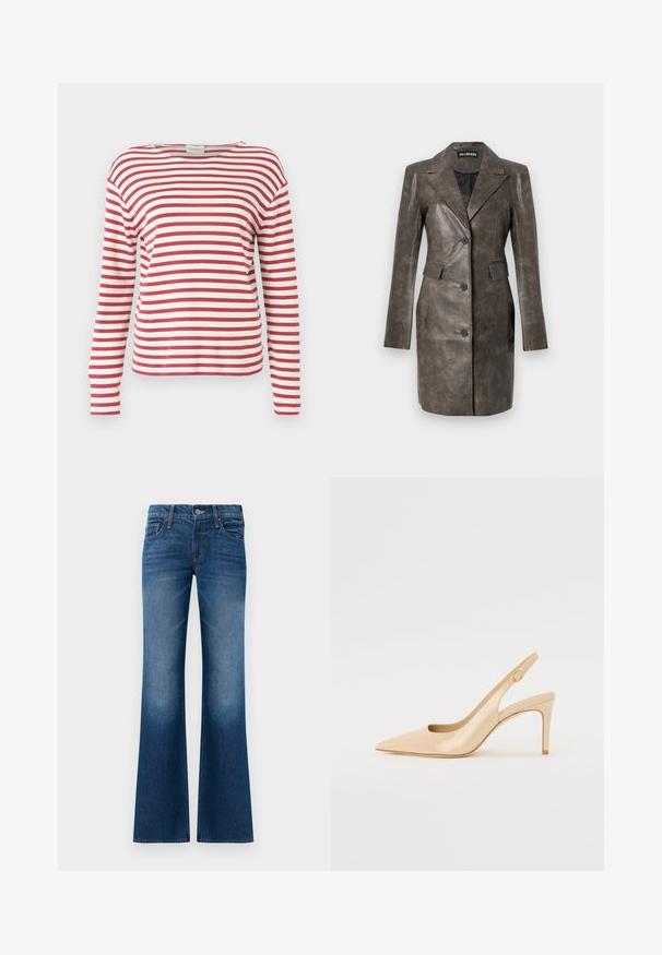 Brun læderjakke med en skarp krave, enkeltknaplukning, sidelommer og glat tekstur. Skræddersyet pasform med lange ærmer.; CLOSED BASIC - Langærmet T-shirt - cherry red; Bredbukser i mørkeblåt denim med en glat overflade, fem-lomme design, frontknaplukning og subtilt slid nær kanten.; Nude patenteret læder slingback hæl med spidse tæer, åben vamp og en tynd stiletto hæl. Har et cirkulært guldfarvet element på remmen.