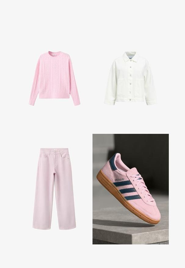 Veste blanche boutonnée avec manches longues, col pointu et deux poches plaquées à l'avant, présentée sur un fond uni.; Pull en tricot rose avec un motif en torsades, des manches longues et un col rond. Le tissu est doux avec une finition légèrement texturée.; Jean rose clair à jambes larges avec poches avant, passants pour ceinture et fermeture par bouton à la taille.; Baskets en daim rose clair avec trois rayures bleu marine, semelle en caoutchouc et lacets rose clair. Présente un logo "SPEZIAL" sur le côté.