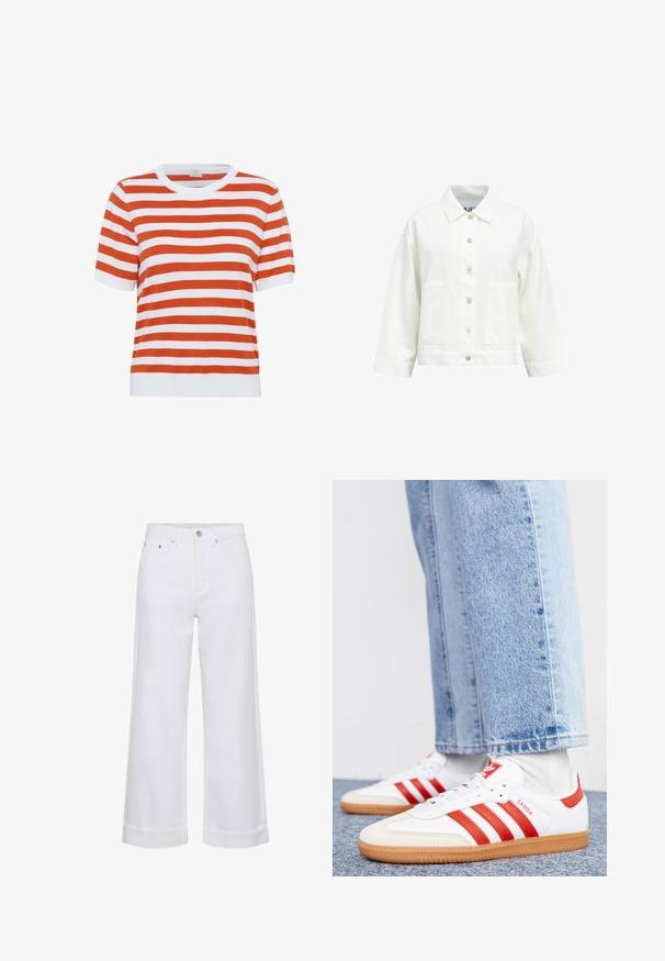 Veste blanche boutonnée avec manches longues, col pointu et deux poches plaquées à l'avant, présentée sur un fond uni.; T-shirt tricot à manches courtes rayé en orange et blanc ; col rond ; texture douce ; coupe droite ; finition avec un ourlet côtelé blanc uni.; Pantalon court blanc taille haute à jambes larges avec fermeture à boutons sur le devant et passants de ceinture, doté de deux poches avant et d'un ourlet net.; Baskets en cuir blanc avec des rayures et des accents rouges. Dotées d'une semelle extérieure en gomme texturée et d'un col rembourré. Portées avec un jean en denim bleu clair.