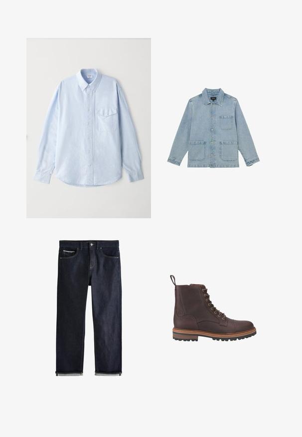 Lyseblå denimjakke med tre forlommer, knaplukning og klassisk krave, lagt fladt ud på en hvid baggrund.; Lyseblå skjorte med knapper lavet af blødt stof, med klassisk krave, lange ærmer og en brystlomme med klap.; Mørkeblå denimjeans med opsmøgede manchetter, knap- og lynlåslukning, for- og møntlommer samt kontrastsyning på hvid baggrund.; Brune læder støvler med snørebånd ved anklen, med en tekstureret overflade, kontrasterende beige såler og metaløjer. Har en trækflig for nem påtagning.
