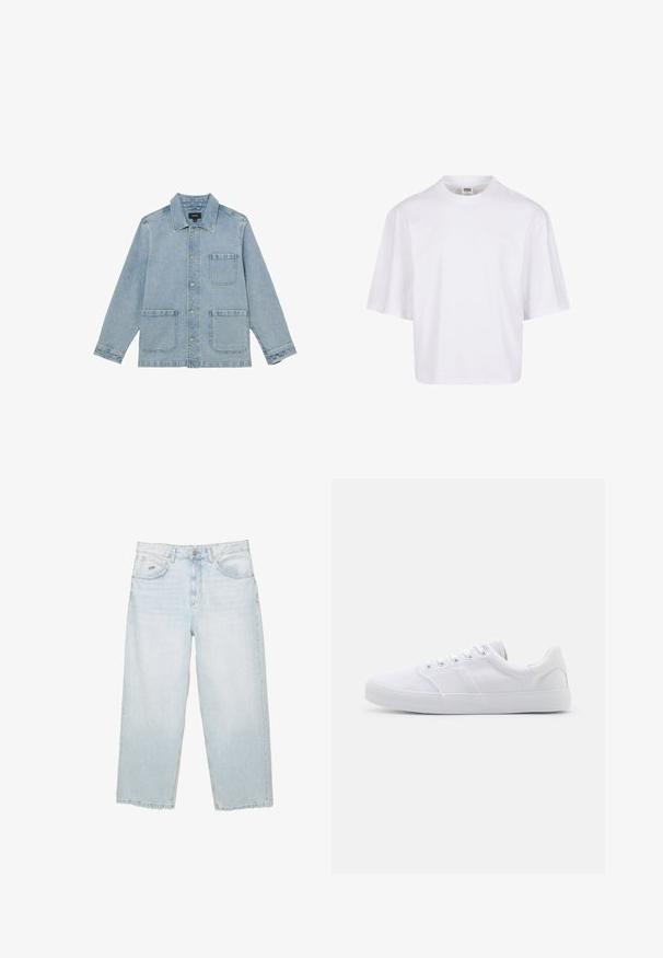 Lyseblå denimjakke med tre forlommer, knaplukning og klassisk krave, lagt fladt ud på en hvid baggrund.; Hvid t-shirt med korte ærmer, der har en rund halsudskæring og en afslappet pasform, lavet af et glat bomuldsblandingsstof. Ingen mønstre eller udsmykninger.; Lysblå højtaljede straight-leg jeans med frontknap, lommer og lille mærket metalmærke på den højre forlommer.; Hvide lærreds sneakers med gummisål, der har seks snørehuller, en struktureret tåkap og et minimalistisk design.