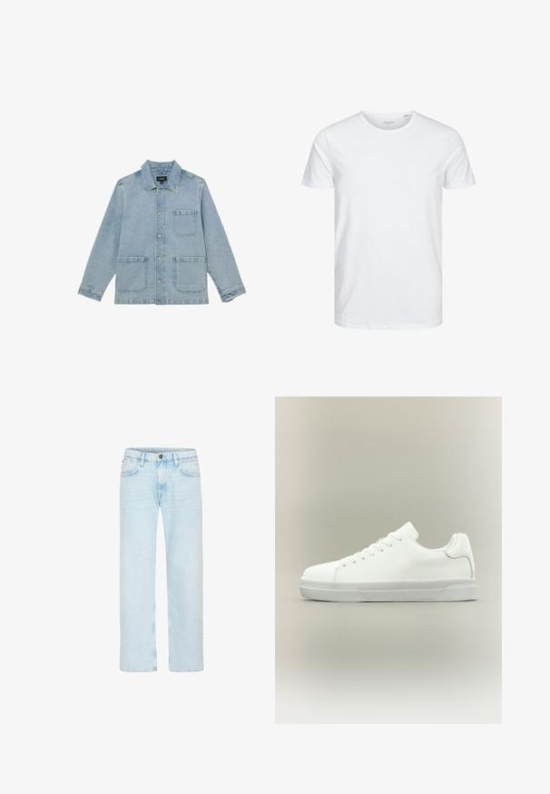 Hellblaue Jeansjacke mit drei Vorderentaschen, Knopfverschluss und klassischem Kragen, flach auf weißem Hintergrund ausgelegt.; Rundhals-T-Shirt mit kurzen Ärmeln in reinem Weiß, aus weicher Baumwolle, mit einem schlichten Design ohne sichtbare Muster oder Akzente.; Hellblaue Jeans mit geradem Bein, vorderem Knopf und Reißverschluss, Gürtelschlaufen und Vordertaschen auf weißem Hintergrund.; Weißer Sneaker in niedriger Schnittform mit Schnürung vorne, gepolstertem Kragen und strukturiertem Gummisohle, seitlich auf neutralem Hintergrund dargestellt.