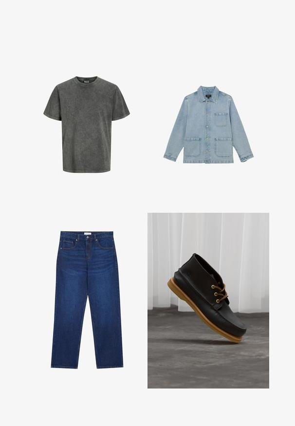 Chaqueta vaquera azul claro con tres bolsillos frontales, cierre de botones y un cuello clásico, colocada plana sobre un fondo blanco.; Camiseta de manga corta en un color gris oscuro deslavado, hecha de una tela suave con cuello redondo y un corte relajado. Textura lisa, sin patrones.; Vaqueros de mezclilla en azul oscuro con un diseño de pierna recta, que cuentan con un cierre de botón y cremallera, cinco bolsillos y detalles de costura visibles.; Zapatos de cuero negro con un acabado suave, punta redonda, cordones marrones y suelas de goma marrón claro. Logo embossado en el costado.