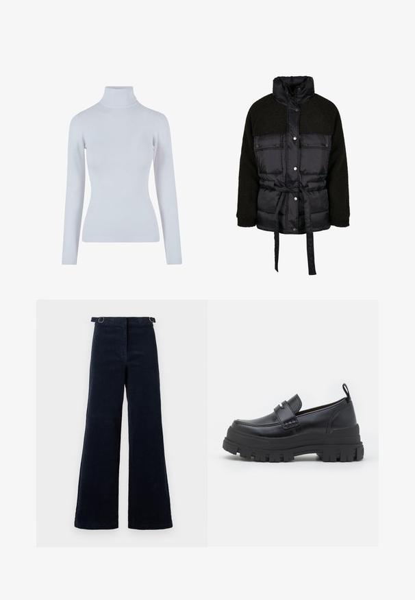 Doudoune noire avec un haut en polaire texturée noire, fermeture à boutons-pression sur le devant, taille ceinturée et col montant. Comprend deux poches avant.; Pull à col roulé gris clair en tissu doux et côtelé. Comprend des manches longues, une coupe ajustée et un col haut et près du cou.; Pantalon large en velours côtelé bleu marine foncé avec des sangles réglables sur les côtés à la taille, sur un fond uni.; Mocassin en cuir noir avec semelle épaisse rainurée, couture moc toe, détail de sangle sur le dessus et languette au talon, présenté de profil.