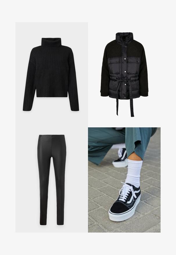 Doudoune noire avec un haut en polaire texturée noire, fermeture à boutons-pression sur le devant, taille ceinturée et col montant. Comprend deux poches avant.; Pull à col roulé en tricot côtelé noir avec manches longues et coupe légèrement raccourcie sur un fond clair uni.; Pantalons noirs en simili cuir extensible, avec une coupe ajustée, des poches latérales et une texture lisse, conçus pour une silhouette épurée.; Baskets en suède noir avec des accents et des lacets blancs, présentant une épaisse semelle blanche et des coutures contrastantes, associées à une chaussette blanche.