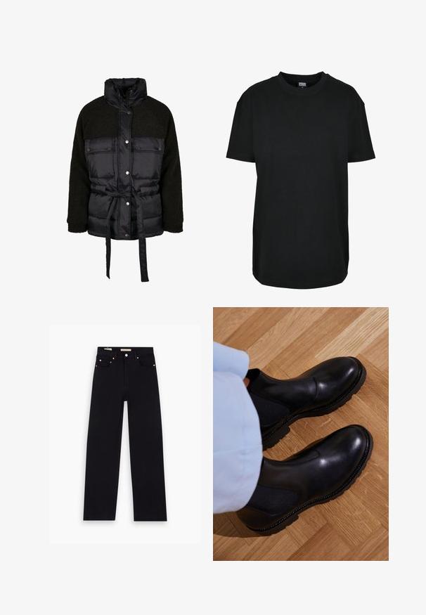 Cazadora tipo puff negro con parte superior de forro polar texturizado negro, cierre de botones a presión en la parte delantera, cintura ceñida y cuello alto. Cuenta con dos bolsillos frontales.; Camiseta negra de manga corta y cuello redondo en talla XS con etiqueta "Urban Classics" dentro del cuello.; Jeans de mezclilla negros con corte recto, cinco bolsillos, herrajes de cobre y una textura suave. Dos etiquetas visibles en la cinturilla.; Botas negras de tobillo hechas de cuero suave con paneles laterales elásticos, una suela de goma texturizada y costuras en contraste a lo largo del borde.