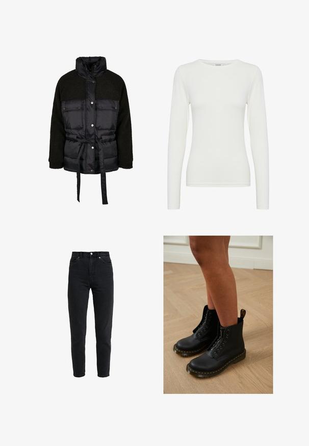 Sort pufferjakke med en tekstureret sort fleeceoverdel, trykknaplukning foran, bælte i taljen og høj krave. Har to frontlommer.; Hvid, langærmet, tætsiddende T-shirt med rund hals, lavet af glat stof uden synlige mønstre eller pynt.; High-waist sort denim jeans med forreste knap og lynlås, to forlommer og en tilspidset ben foran på en hvid baggrund.; Sorte læder ankelstøvler med lynlås og snøredesign, der har gule stikninger og en tyk, struktureret sål.
