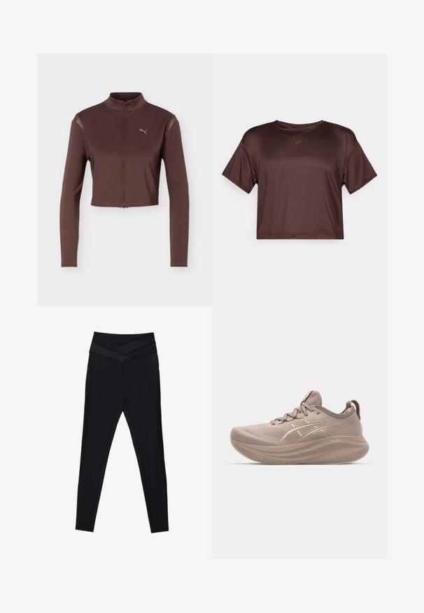 Brun cropped jakke med lange ærmer, frontlynlås og høj krave, med en lille Puma-logo på venstre bryst.; Kortærmet, cropped, brun atletisk top lavet af glat, let stof med en subtil glans og et lille logo på brystet.; Sorte leggings med høj talje og bred, krydset taljebånd samt tætsiddende pasform langs benene på en hvid baggrund.; Lyserød løbesko med et strømlinet design, tekstureret overdel og en puffet sål. Har et logo og et minimalistisk snøresystem.