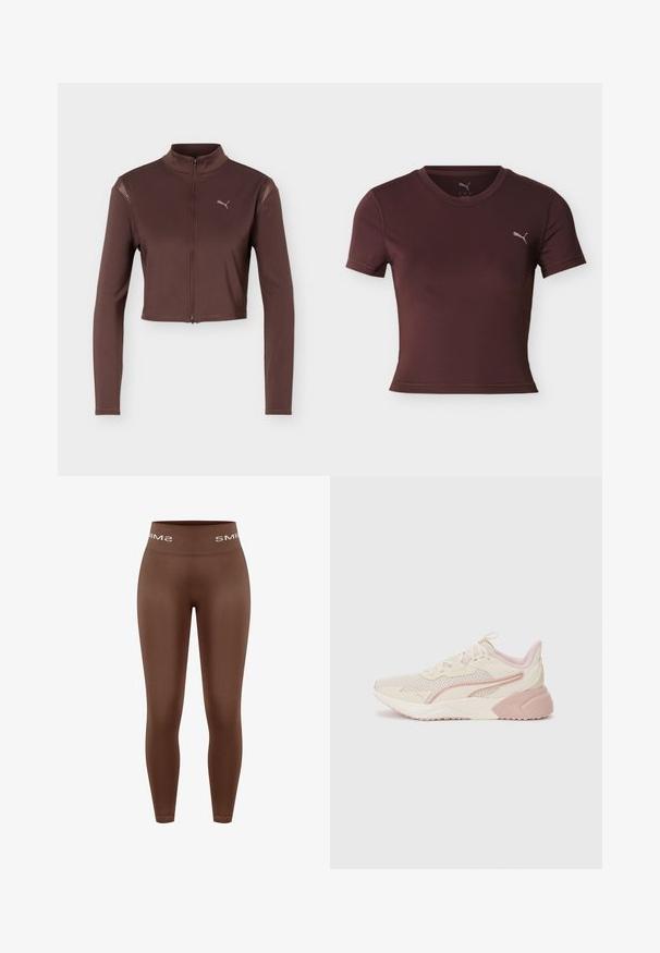 Brun cropped jakke med lange ærmer, frontlynlås og høj krave, med en lille Puma-logo på venstre bryst.; Kortærmet, tætsiddende sportsskjorte i burgunderrød med rund halsudskæring og lille Puma-logo på venstre bryst mod en hvid baggrund.; Brune leggings med høj talje og glat tekstur, med en strikket linning med "SMIMS"-logo i hvid, tætsiddende design, fuld længde.; Lettsvægt sneakers med et beige og lys pink design, mesh overdel, polstret sål og diskrete logo detaljer på siden.