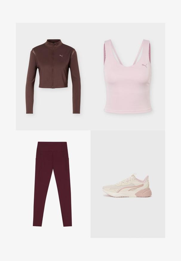 Veste courte marron à manches longues avec fermeture éclair frontale et col montant, ornée d'un petit logo Puma sur le côté gauche de la poitrine.; Brassière de sport rose clair avec fines bretelles et logo Puma en haut à gauche sur fond blanc.; Leggings bourgogne taille haute, pleine longueur, avec poches latérales et coutures visibles le long des jambes, posées à plat sur un fond blanc.; Baskets légères avec un design beige et rose pâle, tige en maille, semelle rembourrée et accents de logo discrets sur le côté.