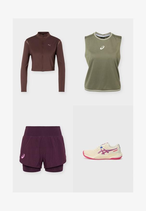 Brun cropped jakke med lange ærmer, frontlynlås og høj krave, med en lille Puma-logo på venstre bryst.; Ærmeløs olivengrøn sports-top med hvidt Asics-logo centreret på brystet, hvidstribet rund halsudskæring og kant.; Lilla dobbeltlags løbeshorts med bredt linning og lille lyserødt Asics-logo på venstre ben.; Cremefarvet sportsko med en lyserød sål, blå og lilla accenter, perforeret overdel og design med rund tå.