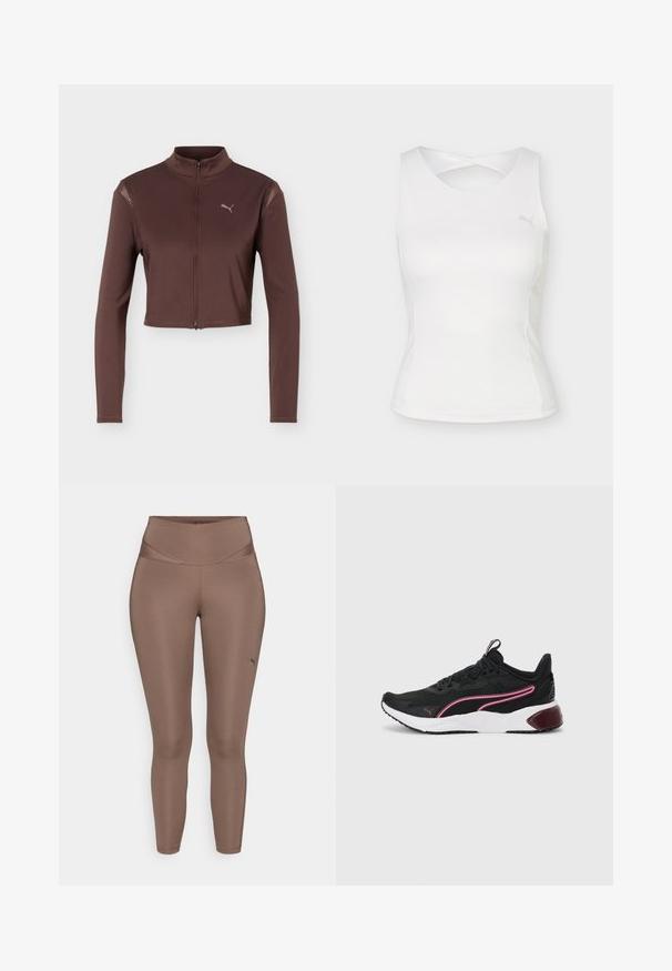 Veste courte marron à manches longues avec fermeture éclair frontale et col montant, ornée d'un petit logo Puma sur le côté gauche de la poitrine.; Haut de sport blanc sans manches avec encolure ronde et détail dos croisé, arborant un petit logo Puma sur la poitrine.; Leggings de sport marron en tissu lisse et extensible avec une taille haute. Présente un petit logo noir au bas de la jambe gauche.; Baskets de sport noires avec une tige en mesh, accents roses, semelle intermédiaire blanche et semelle en caoutchouc. Dotées d'un design à lacets sécurisé et d'un col rembourré.