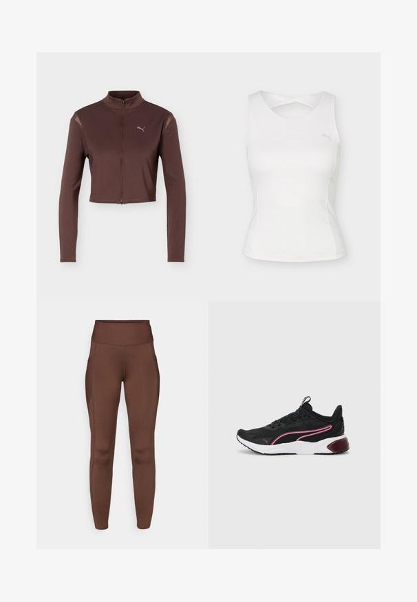 Veste courte marron à manches longues avec fermeture éclair frontale et col montant, ornée d'un petit logo Puma sur le côté gauche de la poitrine.; Haut de sport blanc sans manches avec encolure ronde et détail dos croisé, arborant un petit logo Puma sur la poitrine.; Leggings marron extensibles avec une taille haute, dotés de poches latérales et d'une texture lisse. Les coutures soulignent la forme.; Baskets de sport noires avec une tige en mesh, accents roses, semelle intermédiaire blanche et semelle en caoutchouc. Dotées d'un design à lacets sécurisé et d'un col rembourré.