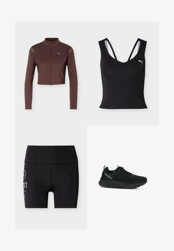 Brun cropped jakke med lange ærmer, frontlynlås og høj krave, med en lille Puma-logo på venstre bryst.; Sort croppet atletisk tanktop med tynde dobbelte stropper og hvid Puma-logo på venstre bryst.; Sorte atletik cykelshorts med høj talje og hvidt trykt tekst og logo på venstre lår.; Sort sportsko med en struktureret overdel, netpaneler og en polstret sål. Har snørebånd og en løkke ved hælen for nem påtagning.