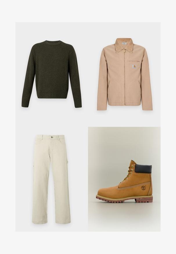 Veste beige zippée avec col pointu, deux poches latérales, une poche zippée sur la poitrine et une petite étiquette logo Carhartt sur la poitrine gauche.; Pull côtelé vert foncé avec col rond, manches longues et ourlet ajusté. Confectionné en maille texturée.; Pantalon droit à rayures verticales beige et blanches, avec fermeture à boutons, passants de ceinture et poches latérales, présenté sur un fond uni.; Bottine en cuir marron avec col noir, lacets jaunes et semelle beige. Présente un logo et des détails de couture blanche. Semelle extérieure à traction robuste.
