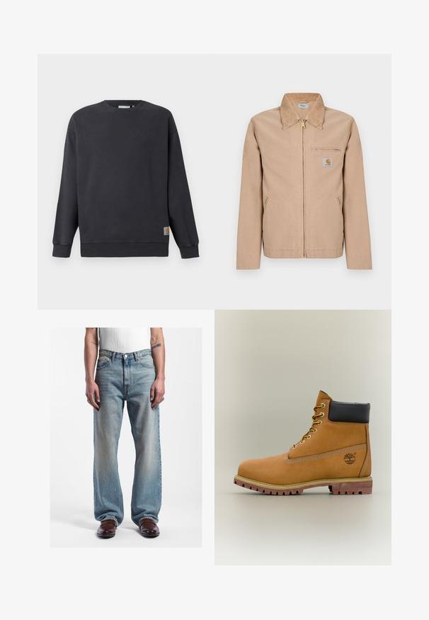 Beige Jacke mit Reißverschluss, spitzem Kragen, zwei Seitentaschen, Brusttasche mit Reißverschluss und kleinem Carhartt-Logopatch auf der linken Brust.; Dunkelgrauer Rundhals-Pullover mit gerippten Bündchen und Saum. Mit einem kleinen gewebten Logolabel auf der unteren linken Seite. Aus Baumwollmaterial, mit glatter Textur.; Helle blaue, hoch-taillierte Jeans aus Denim mit geradem Bein und einem ausgewaschenen Design. Getragen mit braunen Schuhen und einem weißen Tanktop.; Brauner Leder-Stiefelette mit schwarzem Kragen, gelben Schnürsenkeln und hellbrauner Sohle. Verfügt über ein Logo und weiße Ziernähe. Robuste Profilsohle.